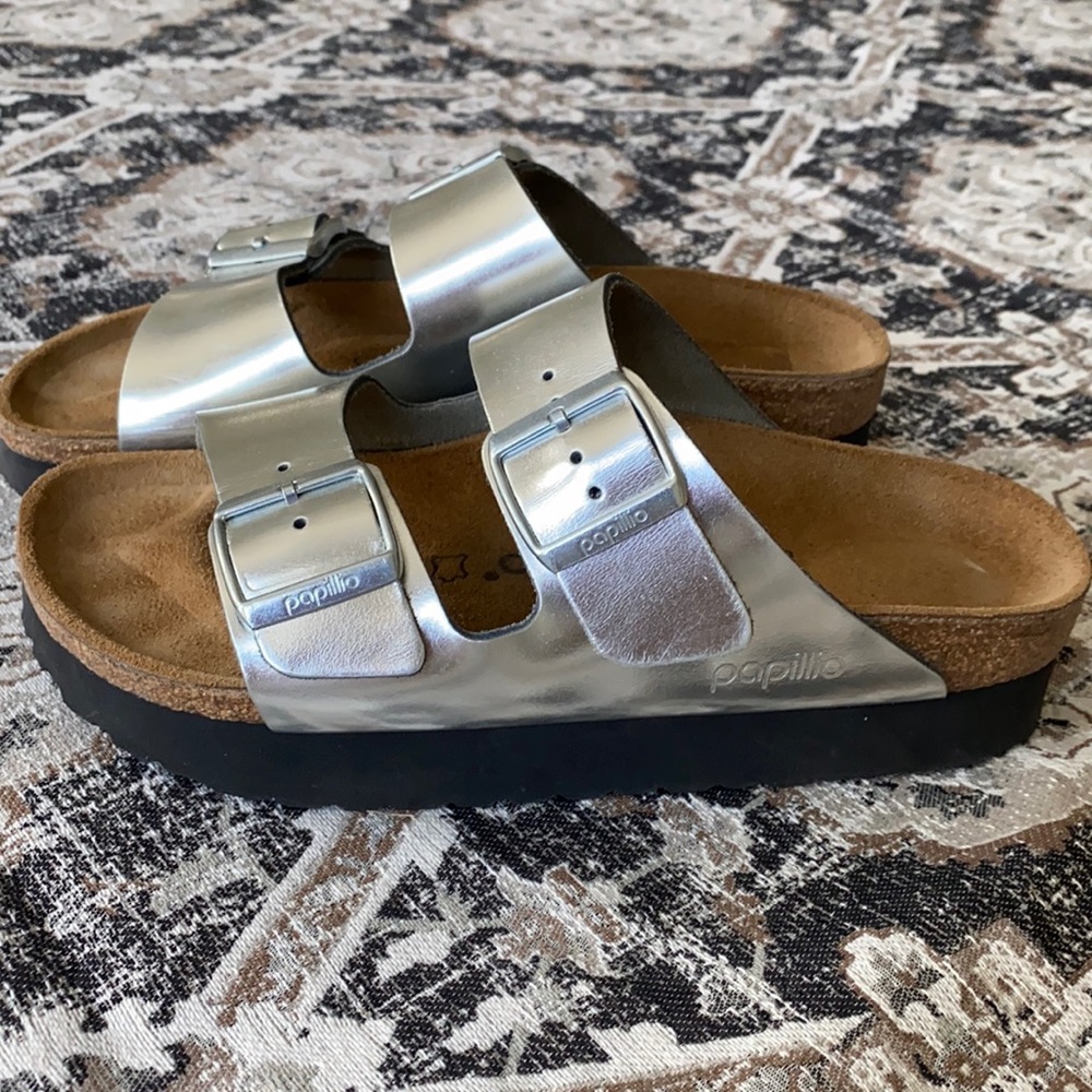 PAPILLIO Birkenstock Arizona Platform Leather Sandals Silver EU 38 US 7